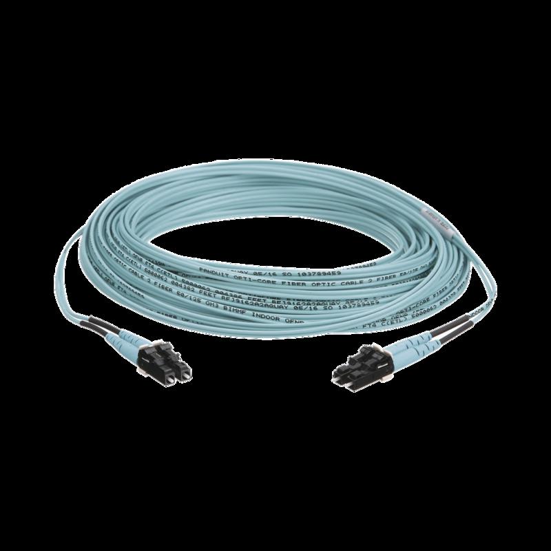Jumper de Fibra Optica Multimodo 50/125 OM3, LC-LC Duplex, OFNR (Riser), Color Aqua, 50 Metros FX2ER
