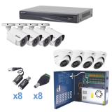 Sistema TURBOHD 1080p / DVR 8 Canales / 4 Cámaras Bala (exterior 2.8 mm) / 4 Cámaras Eyeball (exterior 2.8 mm) / Transceptores / Conectores / Fuente de Poder Profesional hasta 15 Vcd para Largas Distancias KEVTX8T4BW/4EW