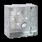 Caja Cuadrada Galvanizada  de 4\", profundidad de 2 1/8\". Cuenta con 10 KO de 1/2\" y 6 TKO. HUB-23