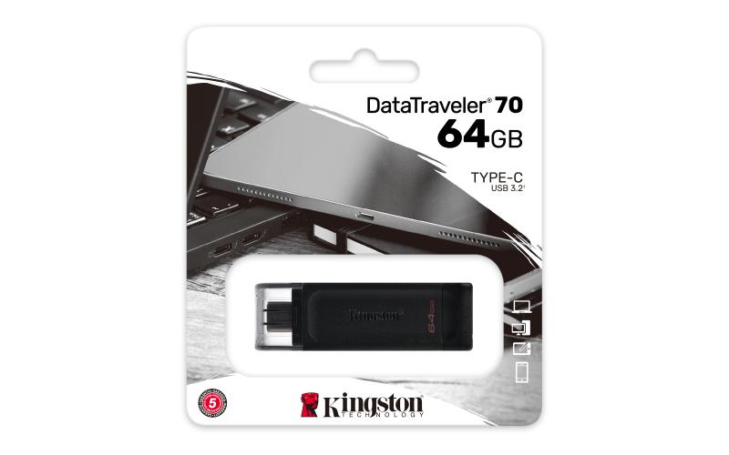 Kingston Technology DataTraveler 70 unidad flash USB 64 GB USB Tipo C 3.2 Gen 1 (3.1 Gen 1) Negro