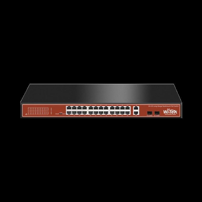 Switch PoE (802.3af/at) no administrable de largo alcance, hasta 250m, con 24 x 10/100Mbps + 2 x SFP