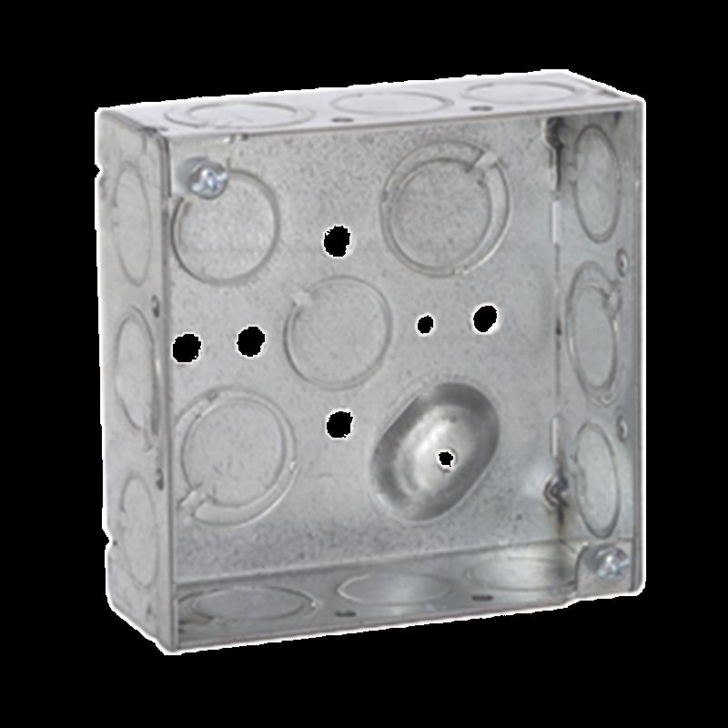 Caja Cuadrada Galvanizada  de 4\", profundidad de 1- 1/2\". Tiene 10 Perforaciones de 1/2\" y 6 Tko.