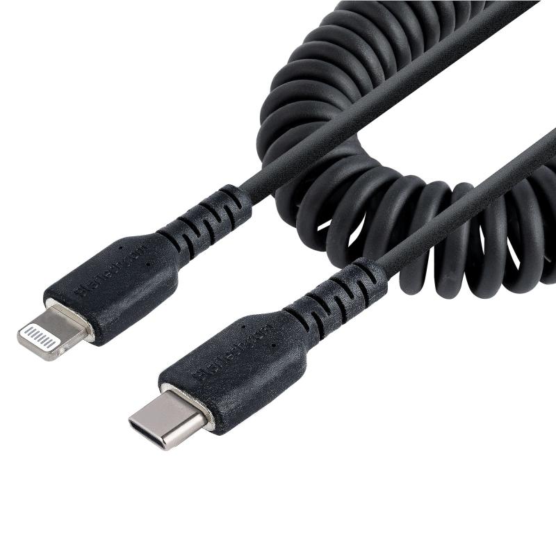 StarTech.com Cable 50cm USB-C a Lightning MFi, Cable USB Tipo C en Espiral de Carga Negro para iPhon