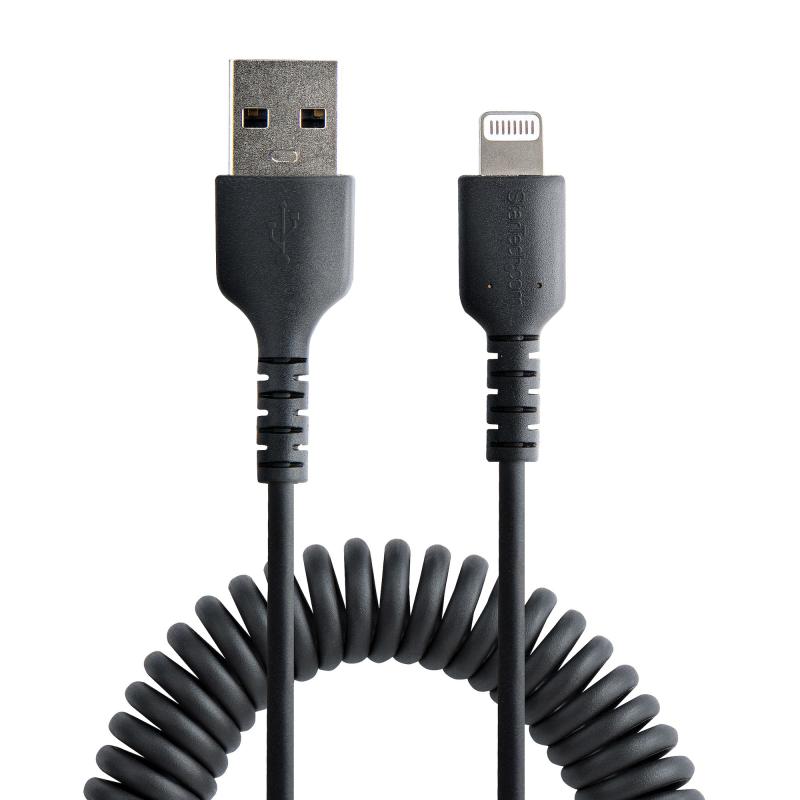 StarTech.com Cable de 1m USB a Lightning MFi, Cable en Espiral de Carga para iPhone, Negro, con Recu