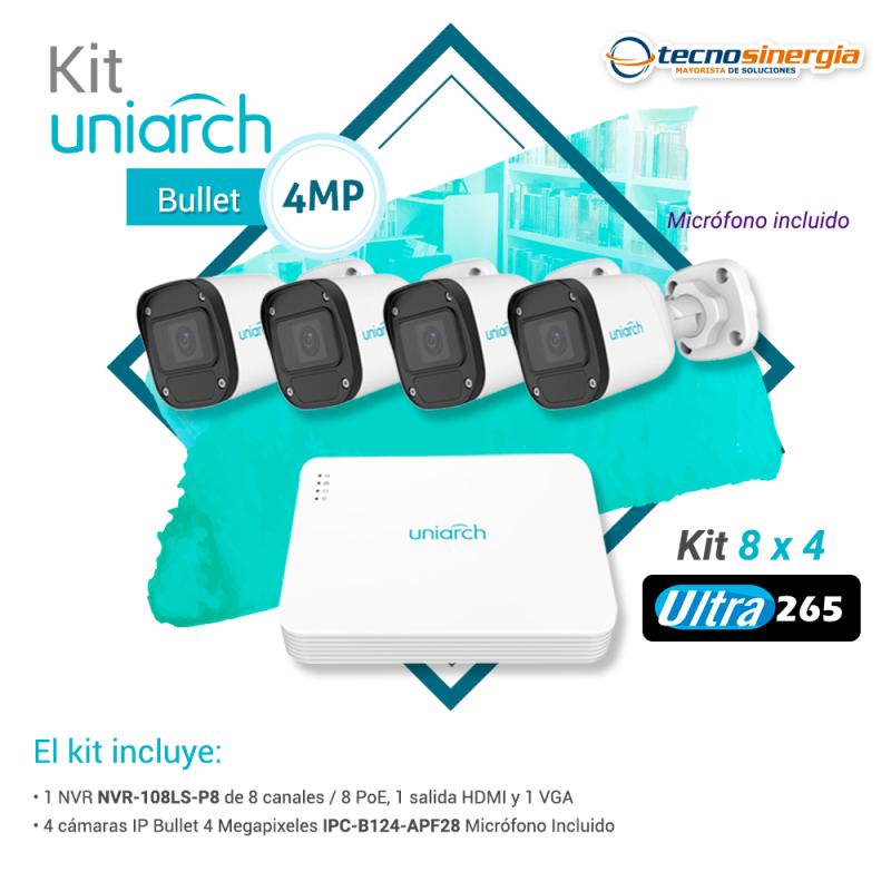 KIT UNIARCH BULLET 4 MP 8X4 1x NVR-108LS-P8 + 4x IPC-B124-APF28