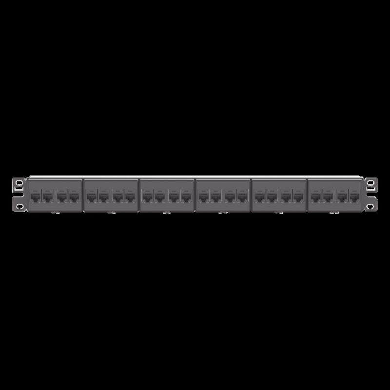 Panel de Parcheo con 24 Acopladores Mini-Com, Plano, Categoría 6, de 1 UR, Color Negro CP24688BL
