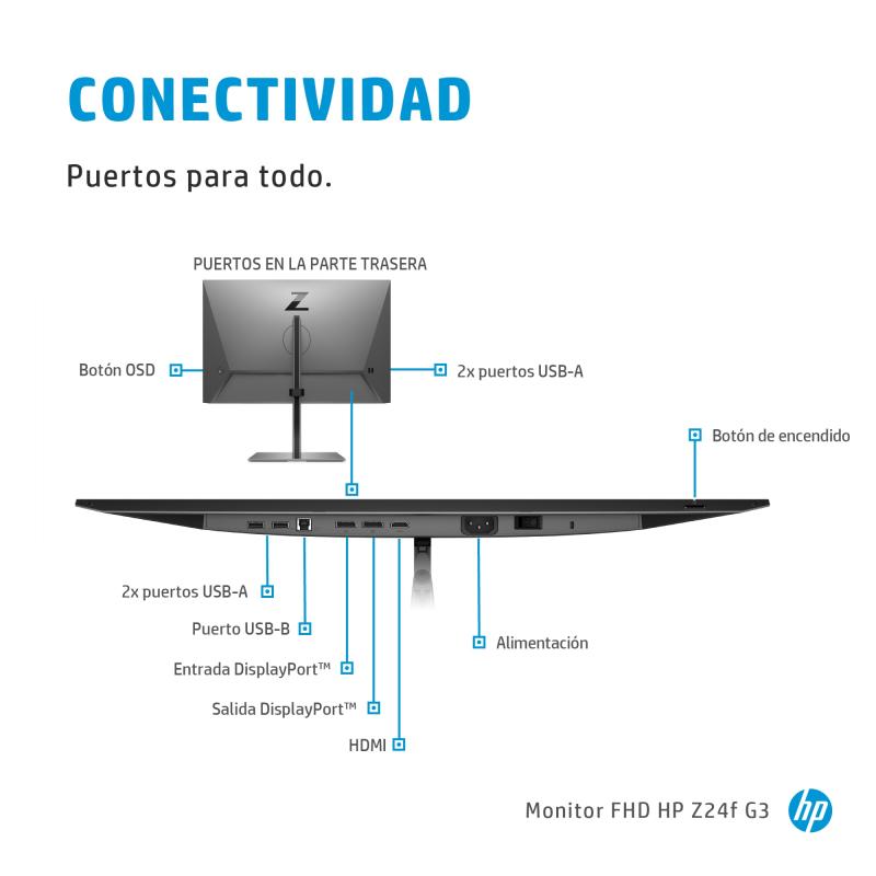 HP Z24f G3 monitor de computadora 60.5 cm (23.8") 1920 x 1080 Pixeles Full HD Plata