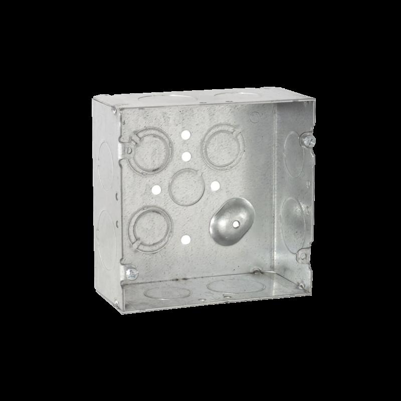 Caja Cuadrada Galvanizada  de 4 x 4\", profundidad de 2- 1/8\", KO 4-3/4\", 1-1/2\", 4-1\" y 3 TKO. 