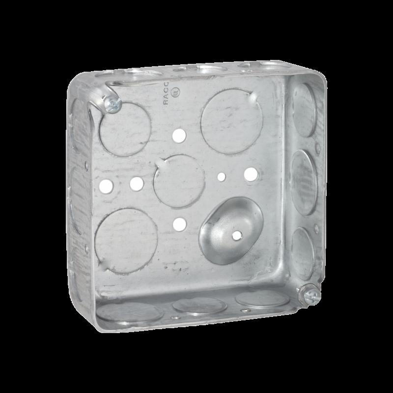 Caja Cuadrada Galvanizada  de 4 x 4\", profundidad de 1- 1/2\". Cuenta con 11 Entradas de 1/2\" y 6 