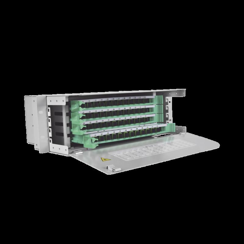 Distribuidor de Fibra Óptica para 48 empalmes, con 48 acopladores SC/APC y 48 pigtails, 19\", 3 UR 