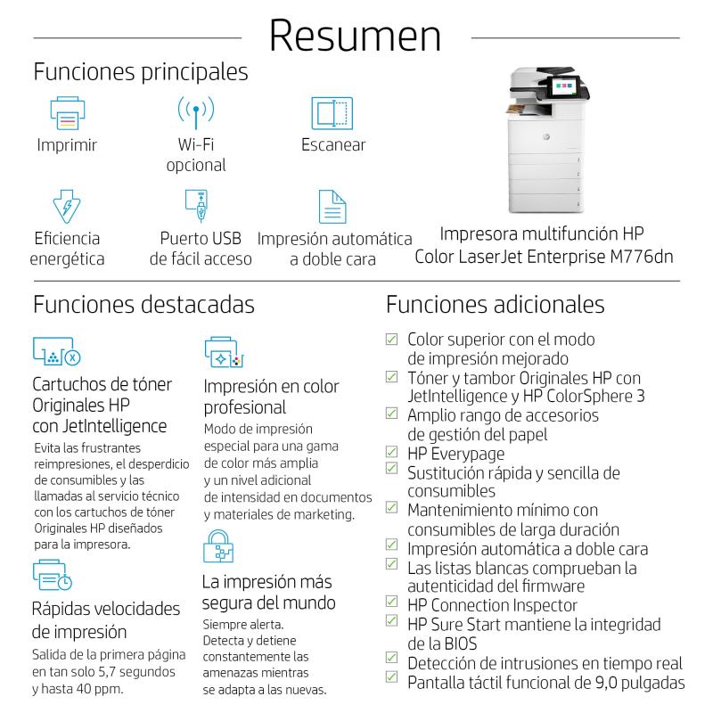HP Color LaserJet Enterprise Impresora multifunción M776dn, Imprima, copie, escanee y envíe fax op