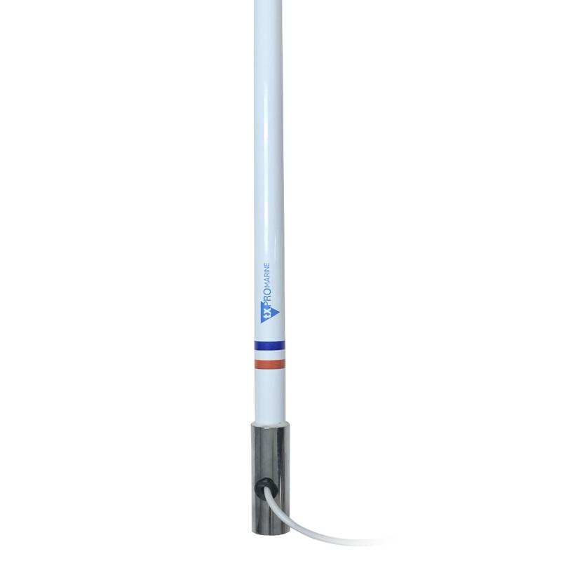 Antena marina VHF en fibra de vidrio con base de acero inoxidable en rango de 156 a 163 MHz. TX5101S