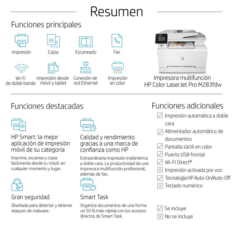 HP Color LaserJet Pro MFP M283fdw, Imprime, copia, escanea, envía fax, Impresión desde USB frontal