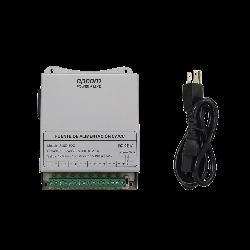 Fuente de Poder Metálica / Para 8 Cámaras / Ajustables a 12 o 13.5 o 15 Vcc / 8 Amperes / Instalac