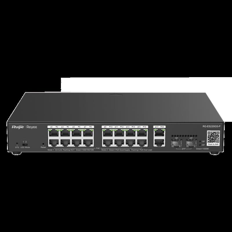 Switch L2 Administrable PoE con 16 puertos Gigabit PoE 802.3af/at + 2 SFP para fibra 1Gb, gestión g