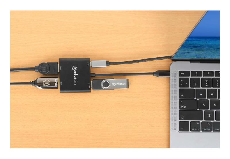 Manhattan Adaptador multipuerto con USB tipo C macho a dos puertos HDMI (hasta 4K@60Hz), USB-A (480 