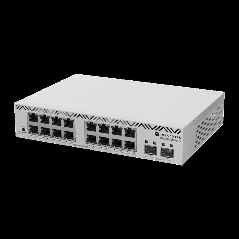 Switch MikroTik con 16 Puertos Gigabit Ethernet / 2 Puertos SFP+ 10G / Filtrado MAC y VLANs / SwOS C