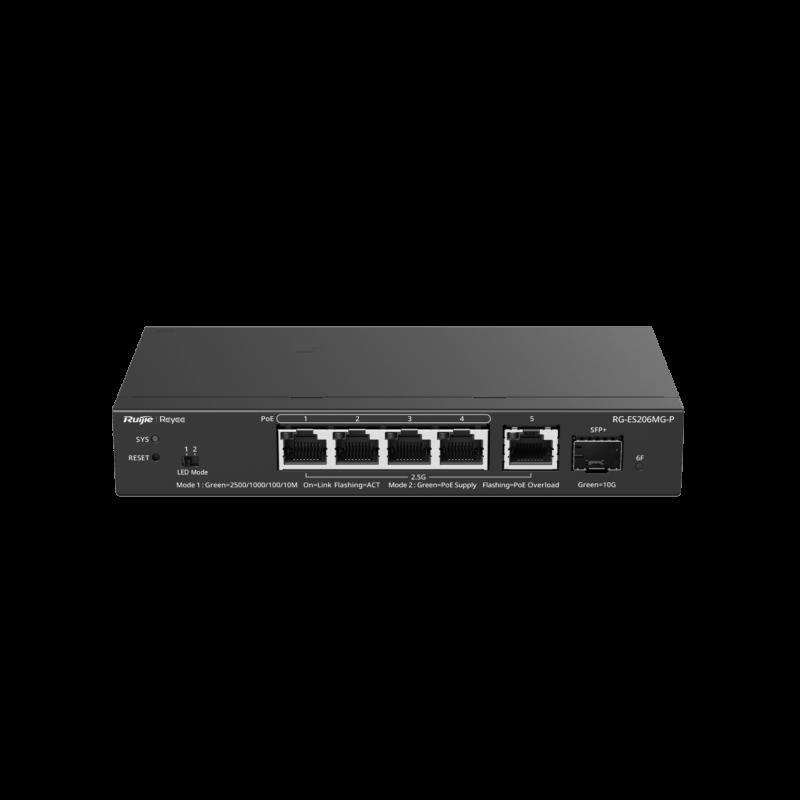 Switch Administrable Capa2 PoE++ con 5 puertos Multi-Gigabit 2.5Gb, hasta 70w PoE 802.3bt RG-ES206MG
