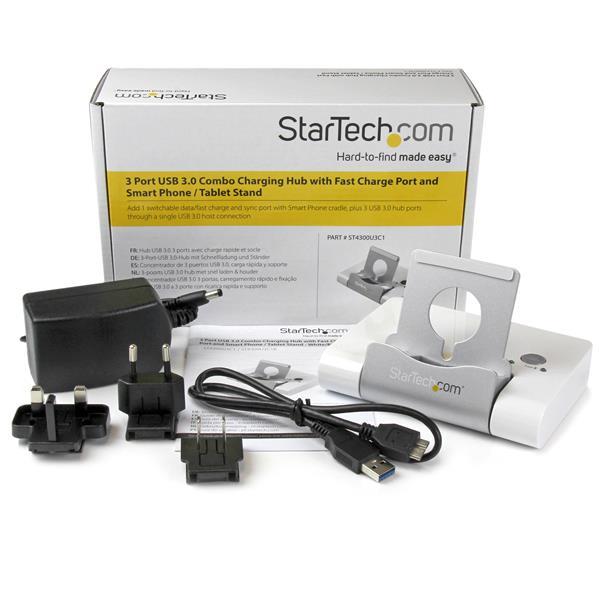 StarTech.com Concentrador USB 3.0 de 3 Puertos - Hub con Puerto de Carga Rápida (2.1A) y Base para 