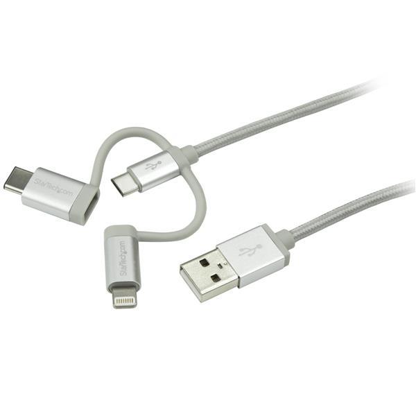 StarTech.com Cable Trenzado de 1m USB a Lightning USB-C y Micro USB - Cable Cargador para Teléfono 
