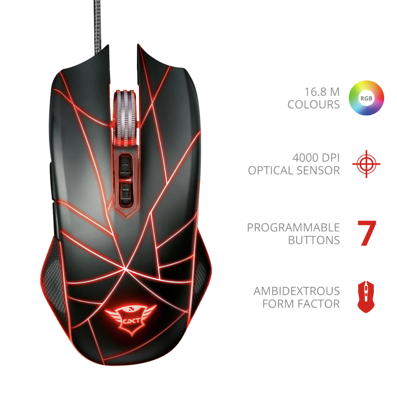 Mouse Gaming GXT 160 22332  ambidiestro con 7 botones programables e iluminación LED ajustable