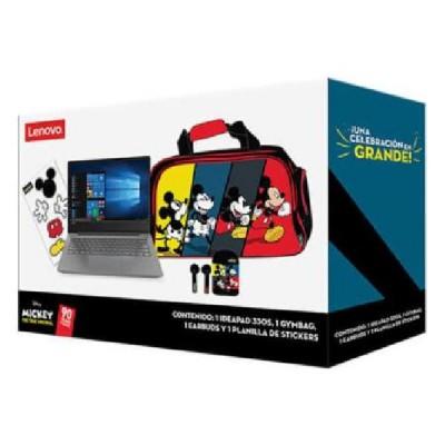 Combo Lenovo One box Mickey Mouse, Notebook IdeaPad 330S-14IKB 14” Intel CI3-7020U, 4G DDR4 2133, 1TB 7mm, W10 Home, Iron grey (np 81F4011SLM) + audífonos inalámbricos + Gymbag + planilla de stickers