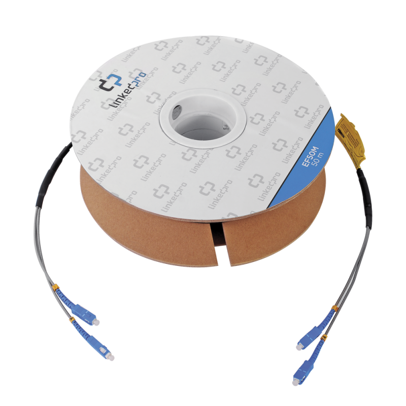 Carrete de Fibra Óptica Monomodo con conectores SC-SC Duplex Linkedpro EF-50M, Reforzada con Kevlar para soportar tirones,de 50 metros