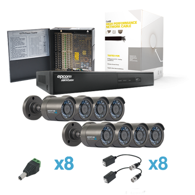 Sistema HDX de Epcom con 8 HRB900(900+TVL, WDR, exterior,IR inteligente), EV1008HDX, 305 m cable Cat5e LinkedPRO, fuente de poder profesional, transceptores Titanium