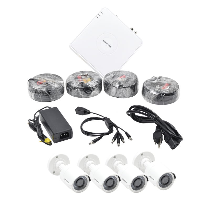 Kit Turbo HD Sistema Completo de CCTV Hikvision HIK1080KIT4, 1080p Hik-Connect, DVR 4 Canales, 4 Cámaras Bala, Cables, Fuente de Poder Profesional
