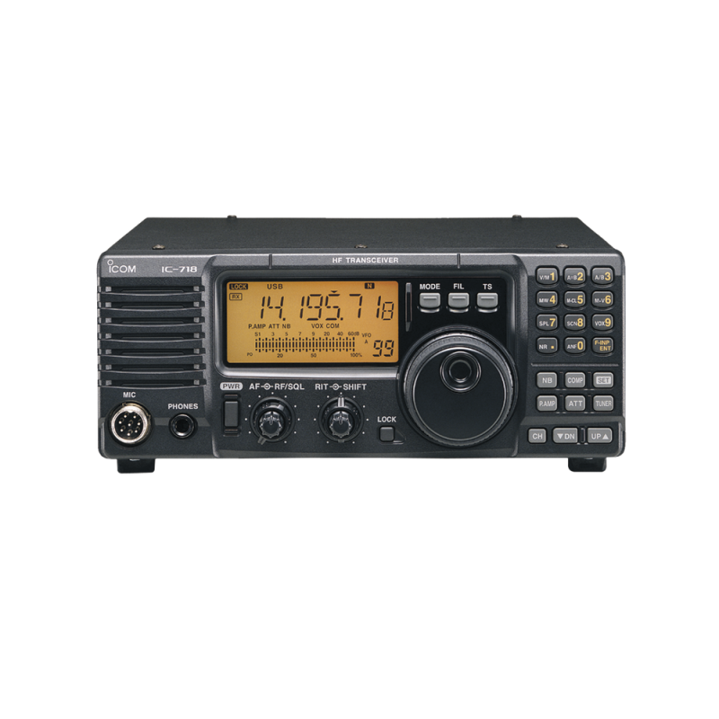 Radio base Icom IC-718 HF para Radioaficionados, 100W SSB, 40W AM, 101 canales, Incluye Micrófono de mano y cable de corriente