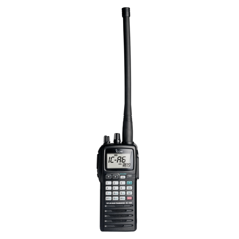 Radio portatil aéreo en rango de frecuencia 118-136.975MHz, 5W PEP, 200 canales alfanuméricos, pantalla y botones de gran tamaño IC-A6