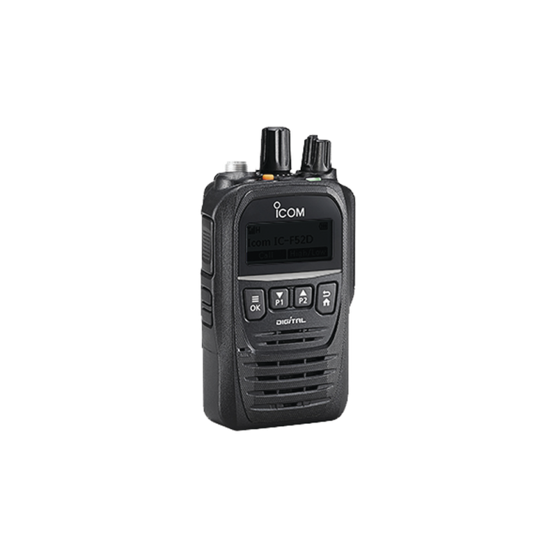 Radio digital Icom ICF52D/11S NXDN con pantalla, banda de VHF, rango de frecuencia 136-174MHz, 512 canales, sumergible IP67, bluethooth, grabador de voz