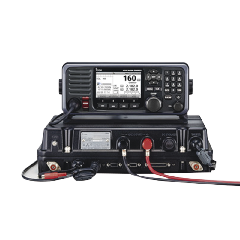 Radio móvil marino ICOM IC-GM800 en la banda de MF/HF, cumple con GMDSS bajo el requerimiento de SOLAS, pantalla de 4.3 pulgadas. Incluye micrófono y kit de montaje. IC-GM800