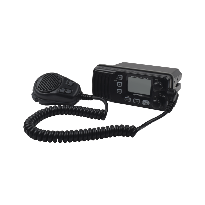 Radio móvil marino ICOM IC-M200, VHF Tx: 156.025-157.425MHz, Rx: 156.050-163.275MHz, 25W de potencia, sumergible IPX7 incluye: micrófono, cable de alimentación y accesorios IC-M200