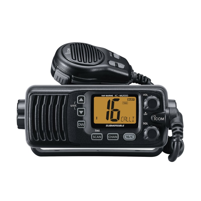 Radio móvil marino ICOM IC-M200, VHF Tx: 156.025-157.425MHz, Rx: 156.050-163.275MHz, 25W de potencia, sumergible IPX7 incluye: micrófono, cable de alimentación y accesorios IC-M200