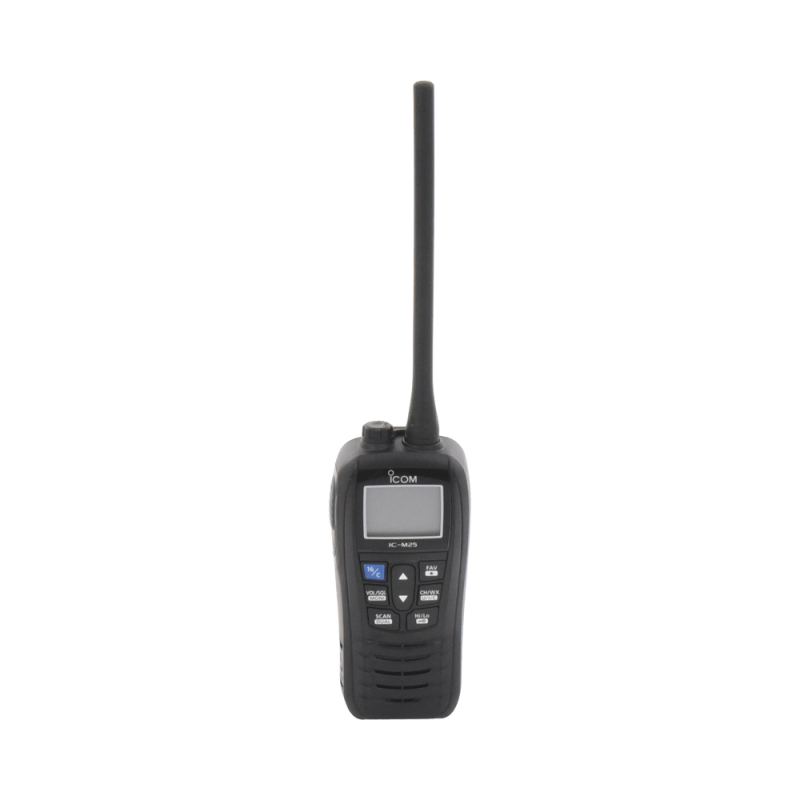 Radio portátil marino ICOM IC-M25BLK color negro, 5 W de potencia RF, 0.5 W de salida de audio, flotante, sumergible IPX7, Tx: 156.025-157.425MHz, Rx: 156.050-163.275MHz , incluye batería de 1500mAh, cargador, antena clip y correa de mano IC-M25BLK