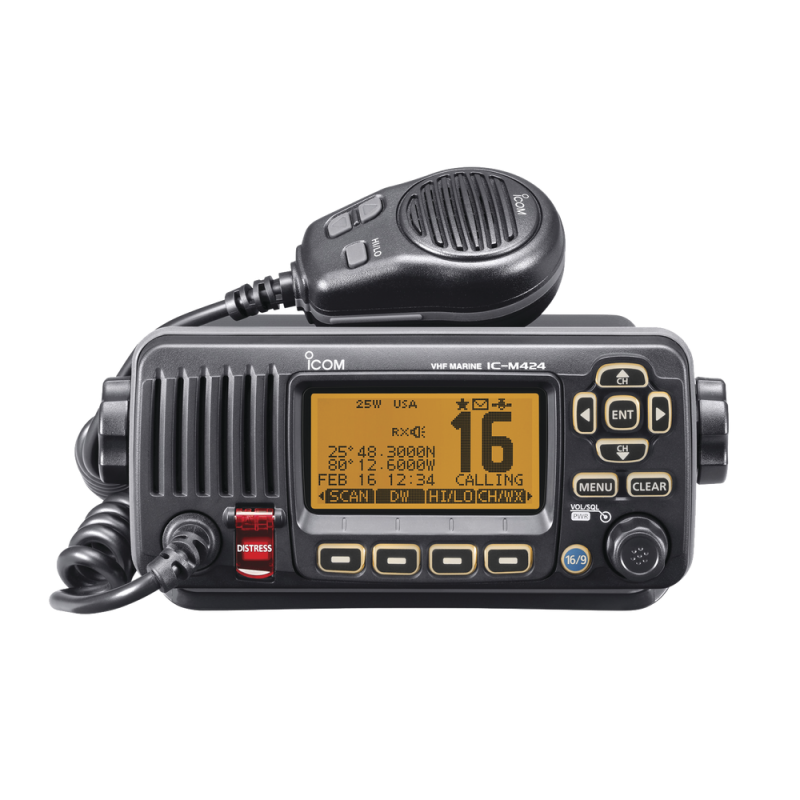 Radio móvil marino ICOM, color negro, Tx: 156.025 - 157.425 MHz, Rx: 156.050 - 163.275 MHz, sin GPS interconstruido, 25W de potencia, sumergible IPX7 incluye micrófono y cable de alimentación IC-M324/01