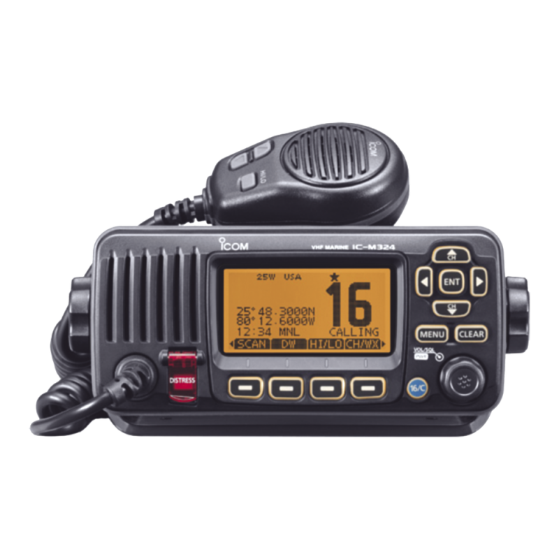 Radio móvil marino ICOM, color negro, Tx: 156.025 - 157.425 MHz, Rx: 156.050 - 163.275 MHz, con GPS interconstruido, 25W de potencia, sumergible IPX7  incluye micrófono y accesorios de instalación. IC-M324G/21