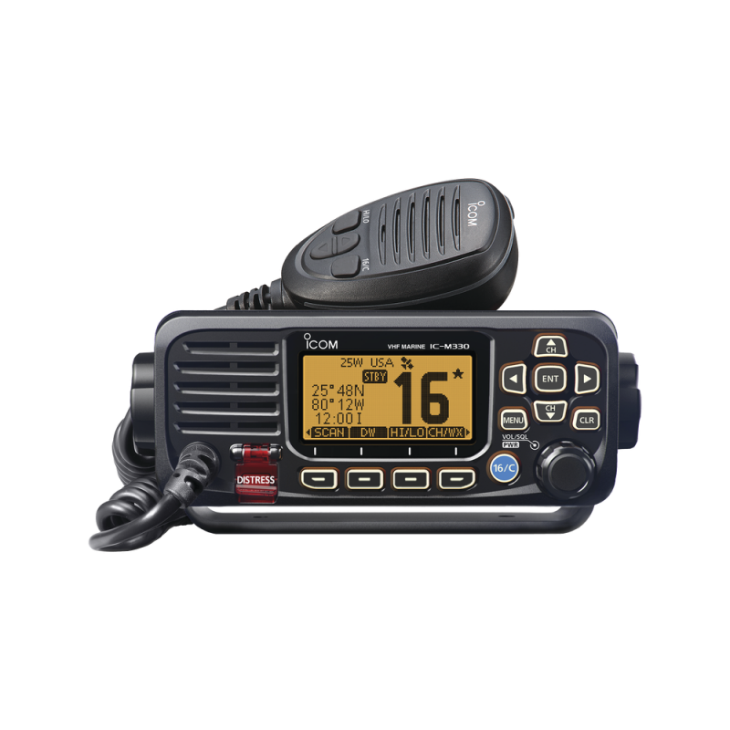 Radio móvil marino ICOM, color negro, Tx: 156.025 - 157.425 MHz, Rx: 156.050 - 163.275 MHz, sin GPS interconstruido, 25W de potencia, sumergible IPX7 incluye micrófono y cable de alimentación IC-M330/11