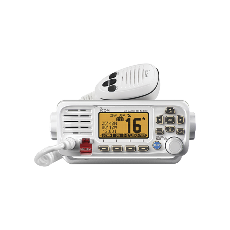 Radio móvil marino ICOM ICM330/21, color blanco, 25W de potencia, sumergible IPX7 inc. micrófono y cable de alimentación