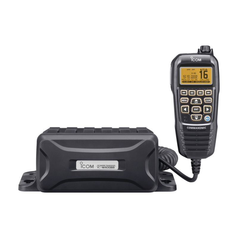 Radio Móvil Marino, 25W, Tx:156.025-157.425MHz, Rx:156.050-163.275MHz, compatible con el sistema Marine Comander, canales CAN,USA,INT, cuenta con opción de GPS IC-M400BB