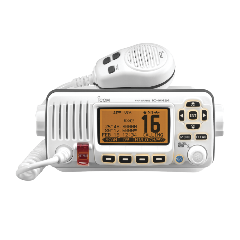 Radio Móvil Marino color blanco, 25W, Tx:156.025-157.425MHz, Rx:156.050-163.275MHz, pantalla de matriz de puntos,compatible con GPS, capacidad de llamada selectiva DSC, canales CAN,USA,INT IC-M424/02