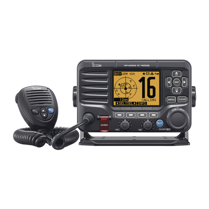 Radio Móvil Marino, 25W, Tx:156.025-157.425MHz, Rx:156.050-163.275MHz, funcion de grabador de voz pantalla de matriz de puntos,compatible con GPS, capacidad de llamada selectiva DSC, canales CAN,USA,INT incluye mic HM-205B y acc de instalaci&oa IC-M506/01