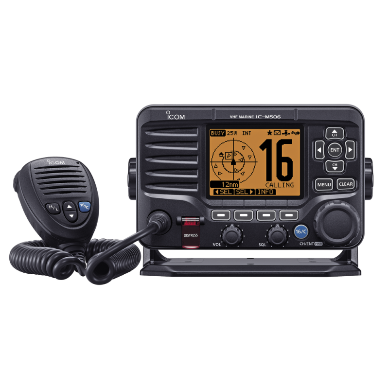 Radio móvil marino, 25 watts, Tx:156.025-157.425MHz, Rx:156.050-163.275MHz, receptor AIS y conector NMEA 2000 incluido, pantalla de matriz de puntos,compatible con GPS, capacidad de llamada selectiva DSC, canales CAN, USA, INT  incluye microfono. IC-M506/