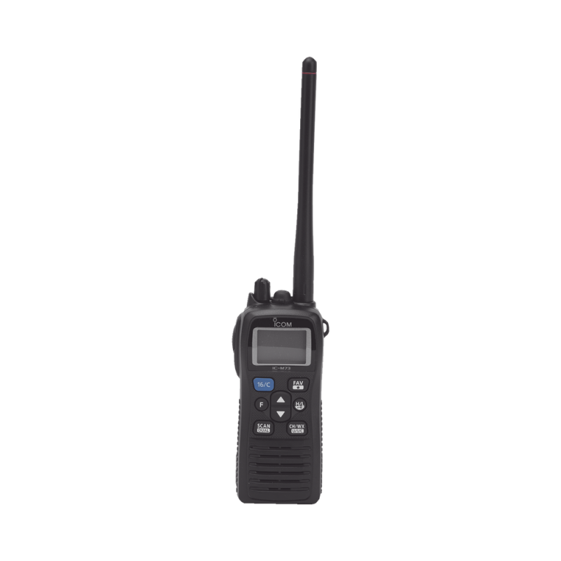 Radio portátil marino ICOM ICM73/41 6W, rango de frecuencia Tx:156.025-157.425MHz, Rx:156.050-163.275MHz, sumergible IPX8, 700mW de potencia de audio. Incluye Batería, antena, clip, cargador, cable de encendedor y correa. ICM73/41