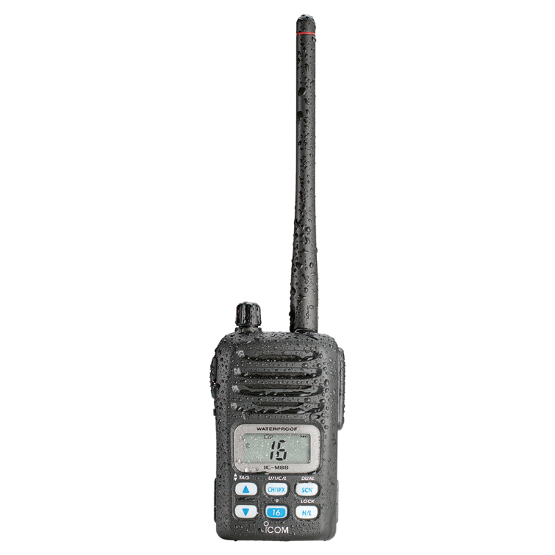Radio Portátil Marino, 5W, Version intrinsecamente seguro, rango de frecuencia Tx:156.025-157.425MHz, Rx:156.050-163.275MHz, sumergible IPX7, canales CAN,USA,INT IC-M88/11