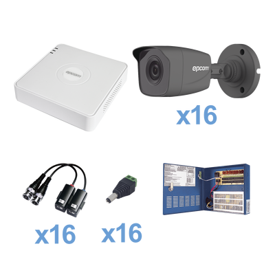 Sistema Epcom KESTXLT16B, TURBO HD720p, Incluye DVR 16ch, 16 cámaras balas (interior - exterior 3.6mm), Transceptores, Conectores, Fuente de poder profesional