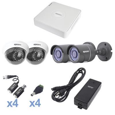 Sistema TURBOHD 720p / DVR 4 Canales / 2 Cámaras Bala (exterior 3.6 mm) / 2 Cámaras Domo (interior 2.8 mm) / Transceptores / Conectores / Fuente de Poder Profesional KESTXLT2B/2DW