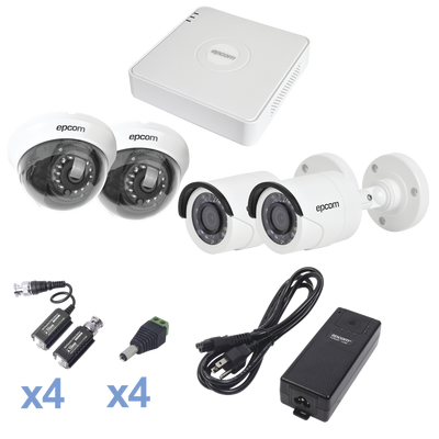 Sistema TURBOHD 720p / DVR 4 Canales / 2 Cámaras Bala (exterior 3.6 mm) / 2 Cámaras Domo (interior 2.8 mm) / Transceptores / Conectores / Fuente de Poder Profesional KESTXLT2BW/2DW