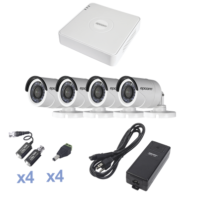 Sistema TURBOHD 720p / DVR 4 Canales / 4 Cámaras Bala (exterior 3.6 mm) / Transceptores / Conectores / Fuente de Poder Profesional KESTXLT4BW